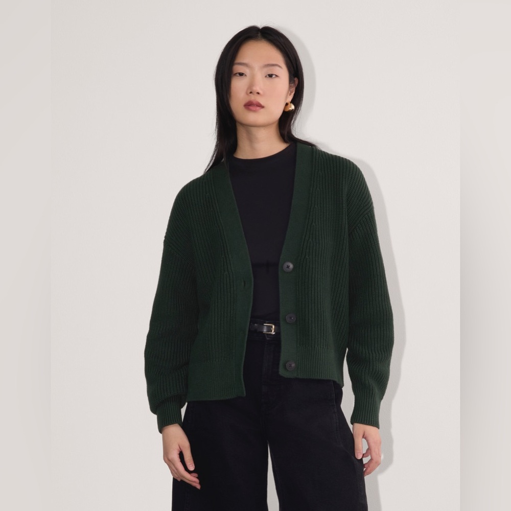Everlane The Boxy Cardigan in Everyday Cotton Knit Button Sweater Scarab Green M